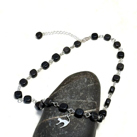 Genuine Black Agate Short Necklace, Gemstone Cube & Cute Slim Cat Pendant - Picture 6 of 12